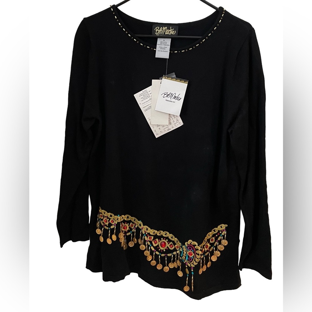 NWT Bob Mackie Wearable Art Black Embellished Top with Gold Coins & Embroidery